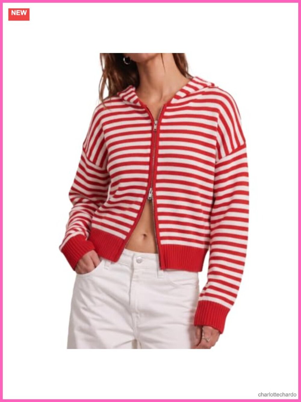 Women's Striped Knit Cardigan Hoodie Zip Up Sweater Jacket
